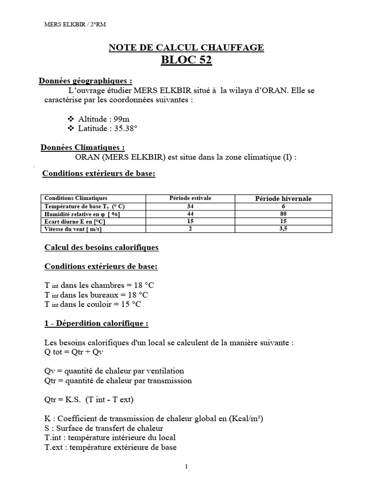 Calcul des besoins en chauffage Mers Elkbir PDF Transfert thermique — free download