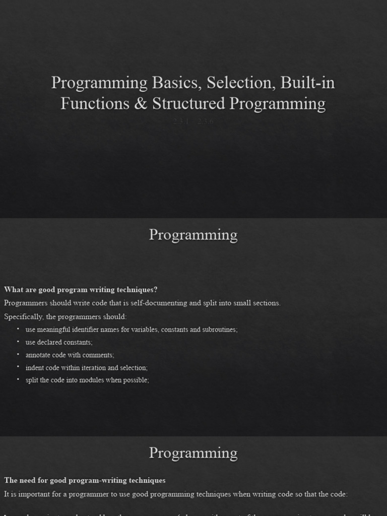2.3.1 - 2.3.6 Programming Basics, Selection, Built-In Functions ...