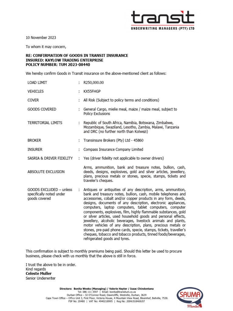 Goods in Transit Insurance Confirmation | PDF | Insurance