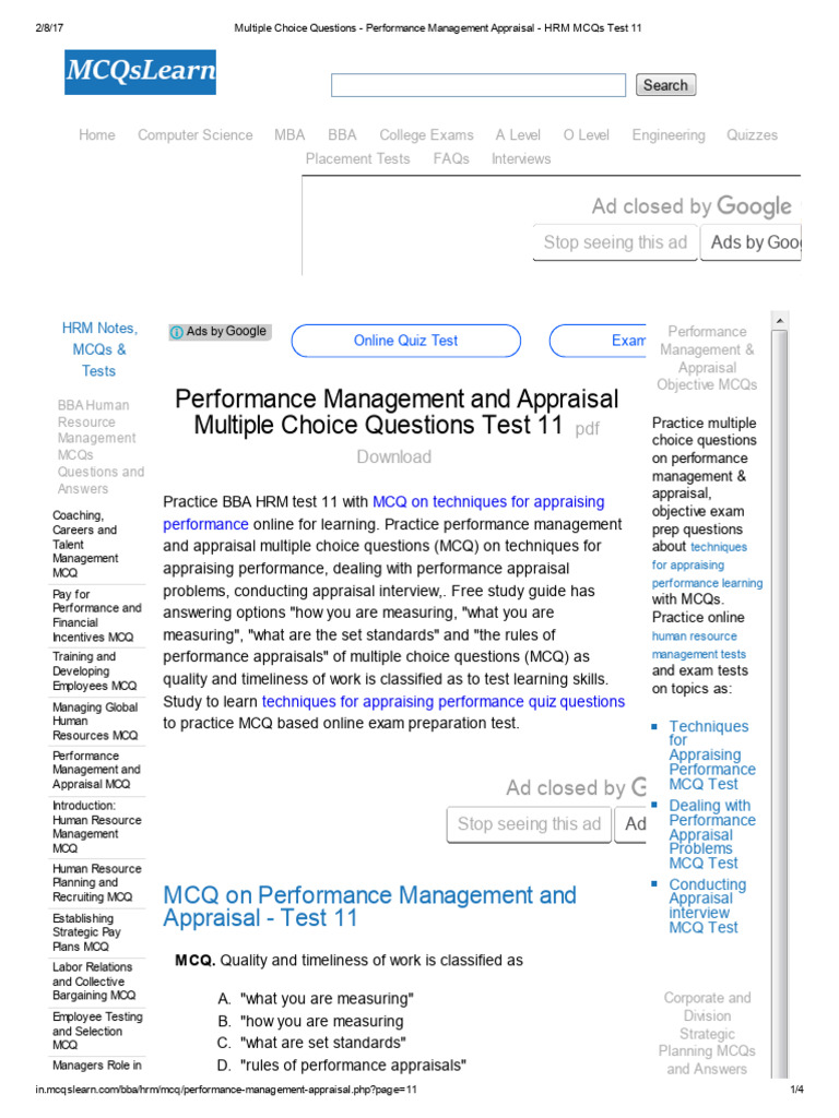 Multiple Choice Questions - Performance Management Appraisal - HRM MCQs ...
