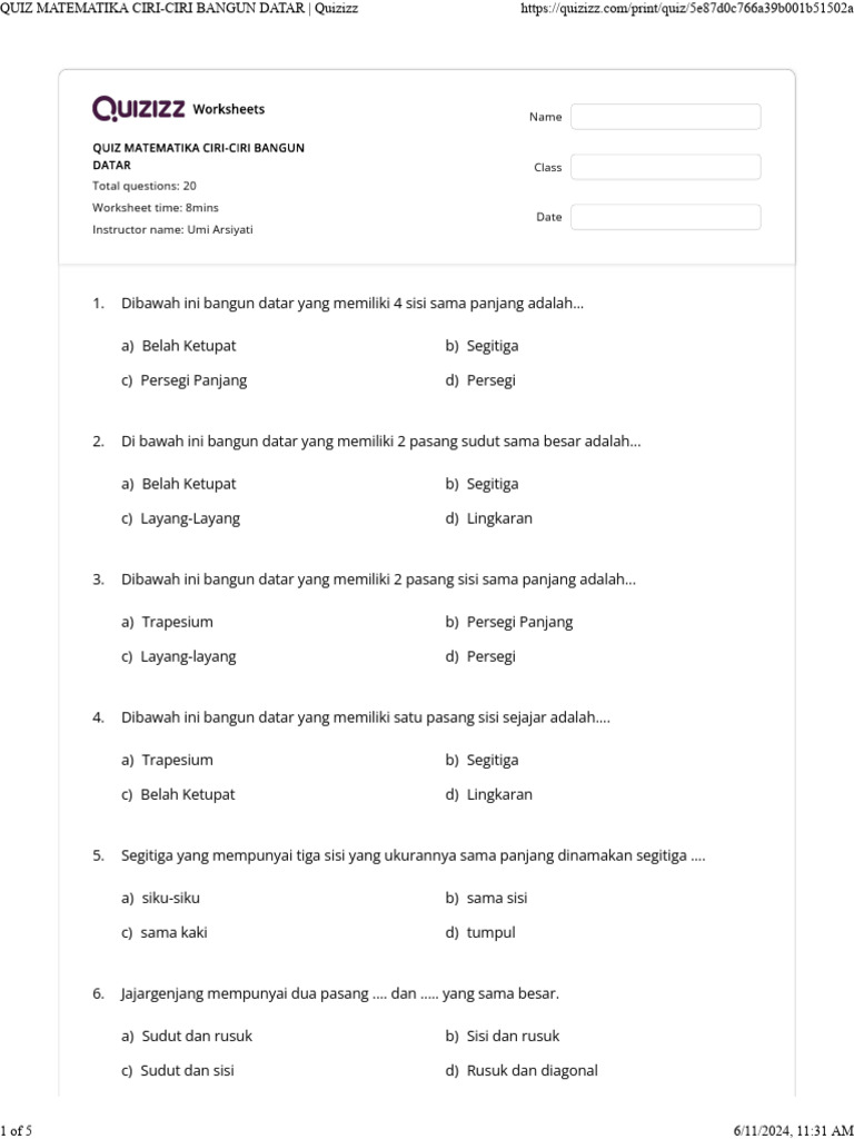 Quiz Matematika Ciri Ciri Bangun Datar Quizizz Pdf
