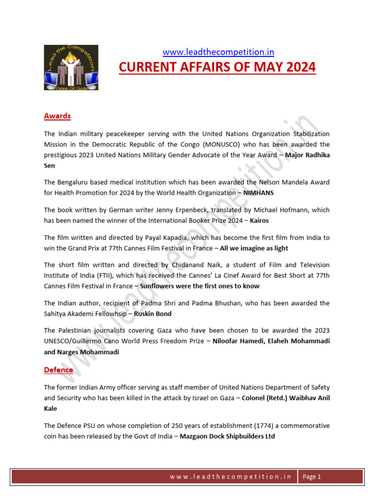 May 2024 Current Affairs Highlights | PDF