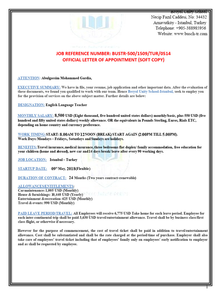 Employment Offer: English Teacher in Istanbul | PDF | Employment | Expense