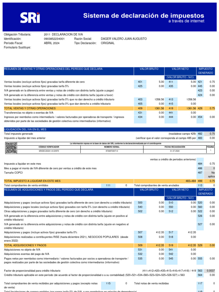 Declaración IVA Abril 2024 SRI | PDF | Impuesto al valor agregado ...
