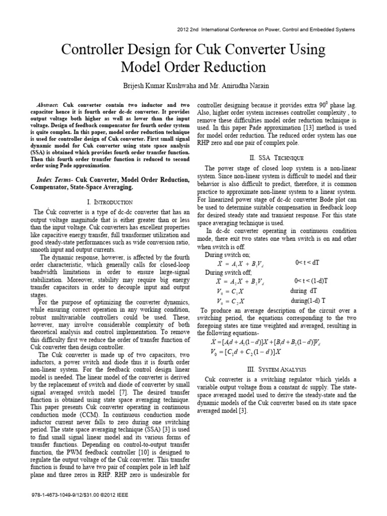 Cuk Converter Control via Model Order Reduction | PDF | Control Theory ...