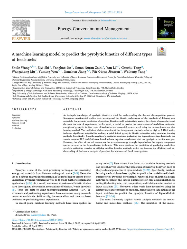 A Machine Learning Model To Predict The Pyrolytic Kinetics of Different ...