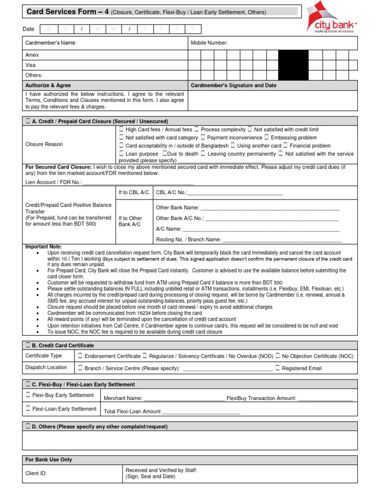 Card services form 4 closure certificate flexi buy loan early settle
