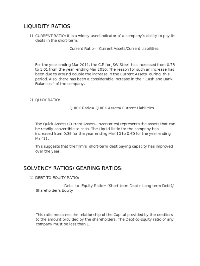 JSW Steel Liquidity & Solvency Ratios Analysis | PDF | Business ...