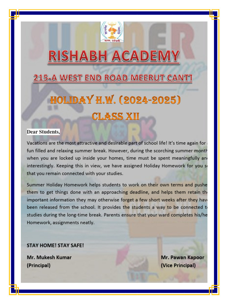 Summer Holiday Work On 29 5 24 Class 12th Commerce Pdf Economies