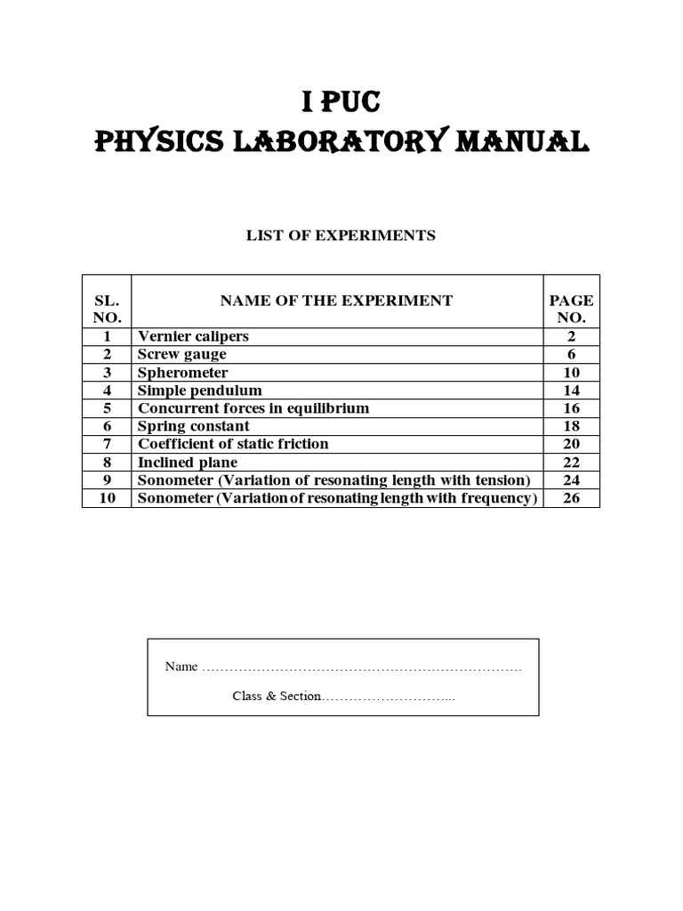 I PUC Physics Laboratory Manual | PDF | Force | Pendulum