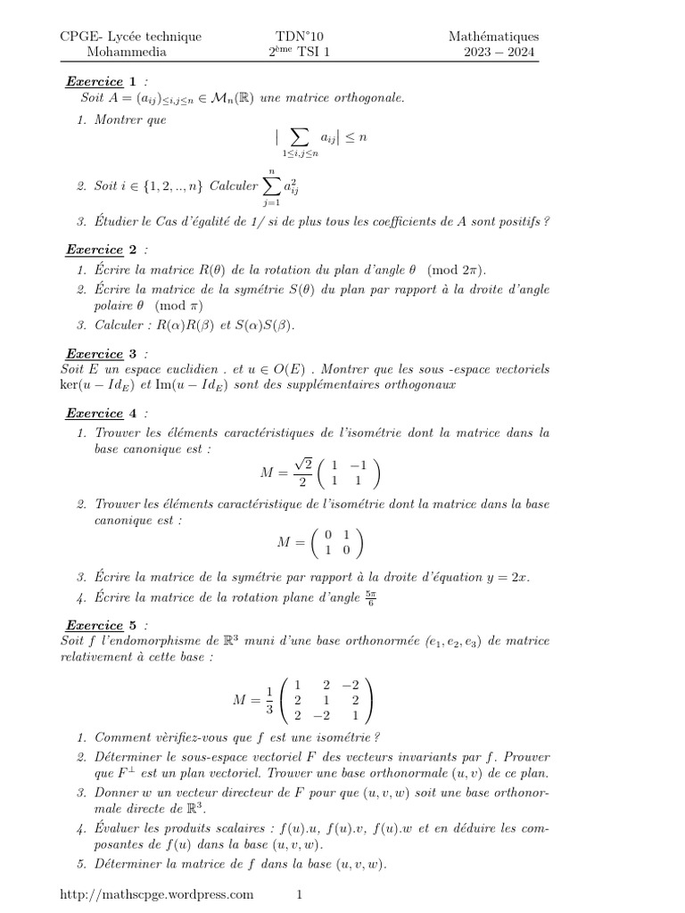 Exercices de Mathématiques CPGE TSI 1 | PDF | Base (algèbre linéaire ...