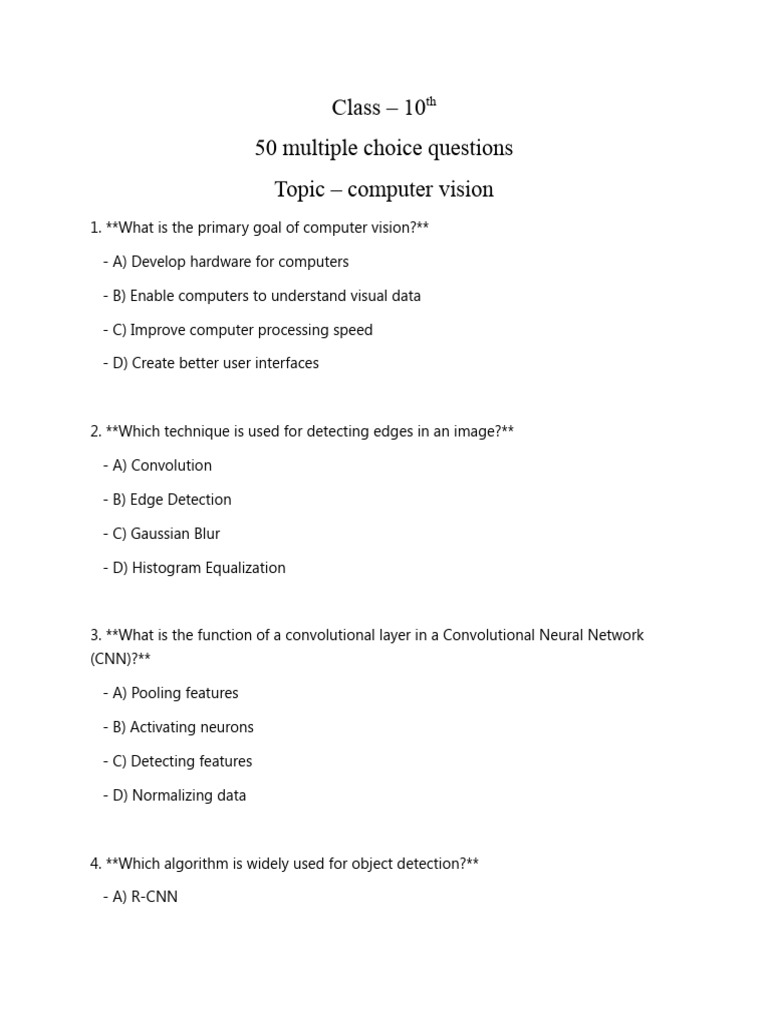 Class 10 Computer Vision MCQs | PDF | Artificial Neural Network | Learning