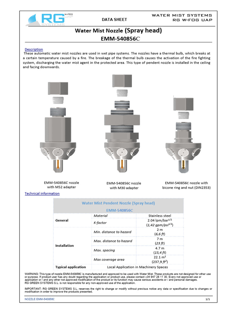 Water Mist Nozzle EMM-540856C Data Sheet | PDF | Materials | Building ...