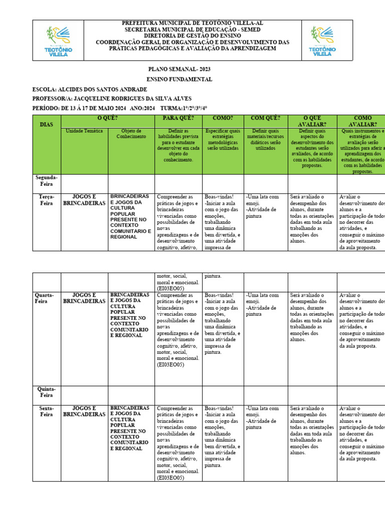 Plano Semanal de Jogos e Brincadeiras | PDF | Pedagogia | Aprendizado