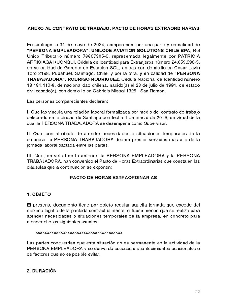 Pacto de Horas Extraordinarias Chile | PDF | Derecho laboral | Justicia
