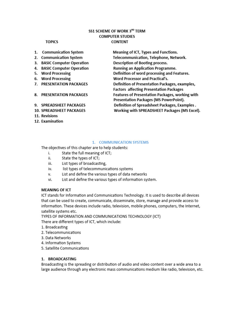SS1 Computer Studies 3rd Term Plan | PDF | Computer Network | Broadcasting