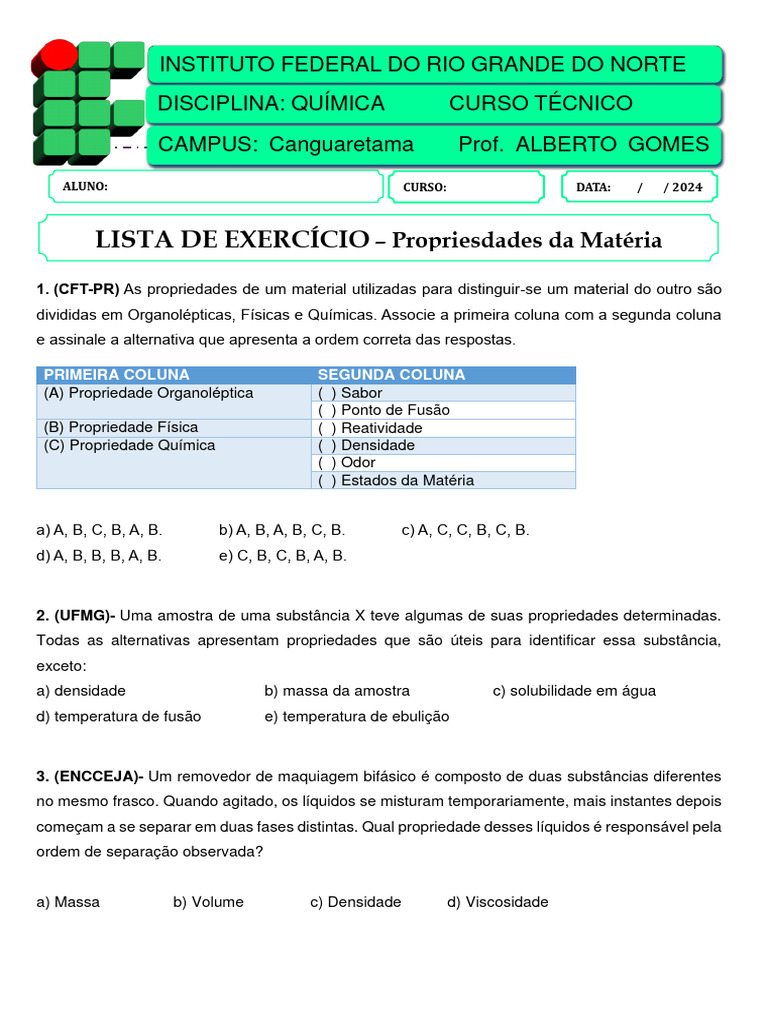 Propriedades da Matéria: Exercícios e Questões | PDF | Congelamento ...