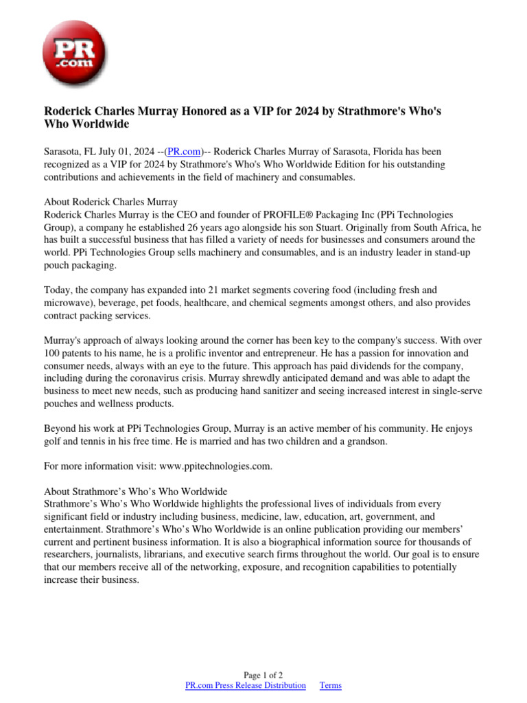 Roderick Charles Murray Honored As A VIP For 2024 by Strathmore's Who's ...