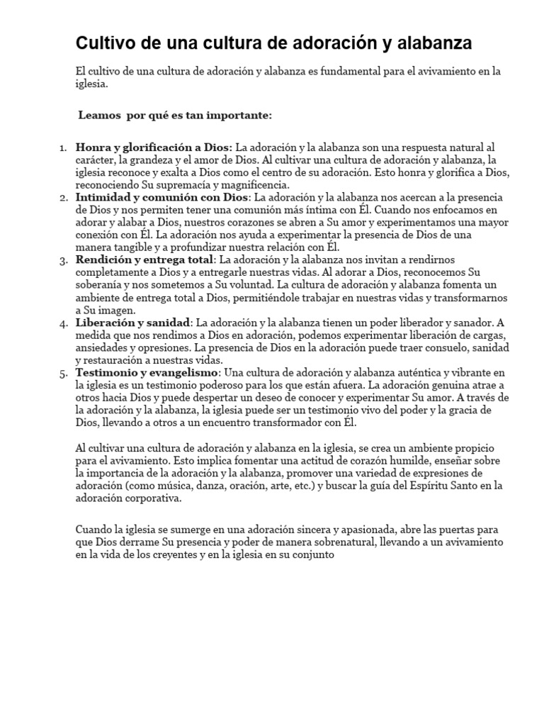 Cultivo de Una Cultura de Adoración y Alabanza | PDF | Amor | Dios