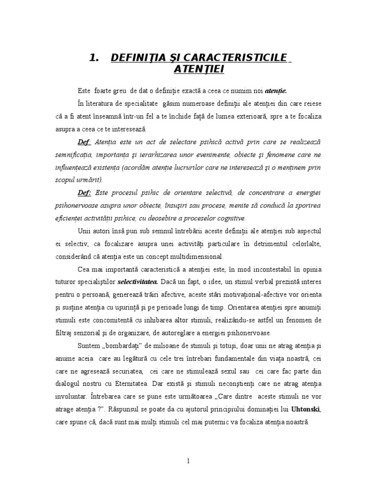 Definitia Si Caracteristicile Atentiei | PDF