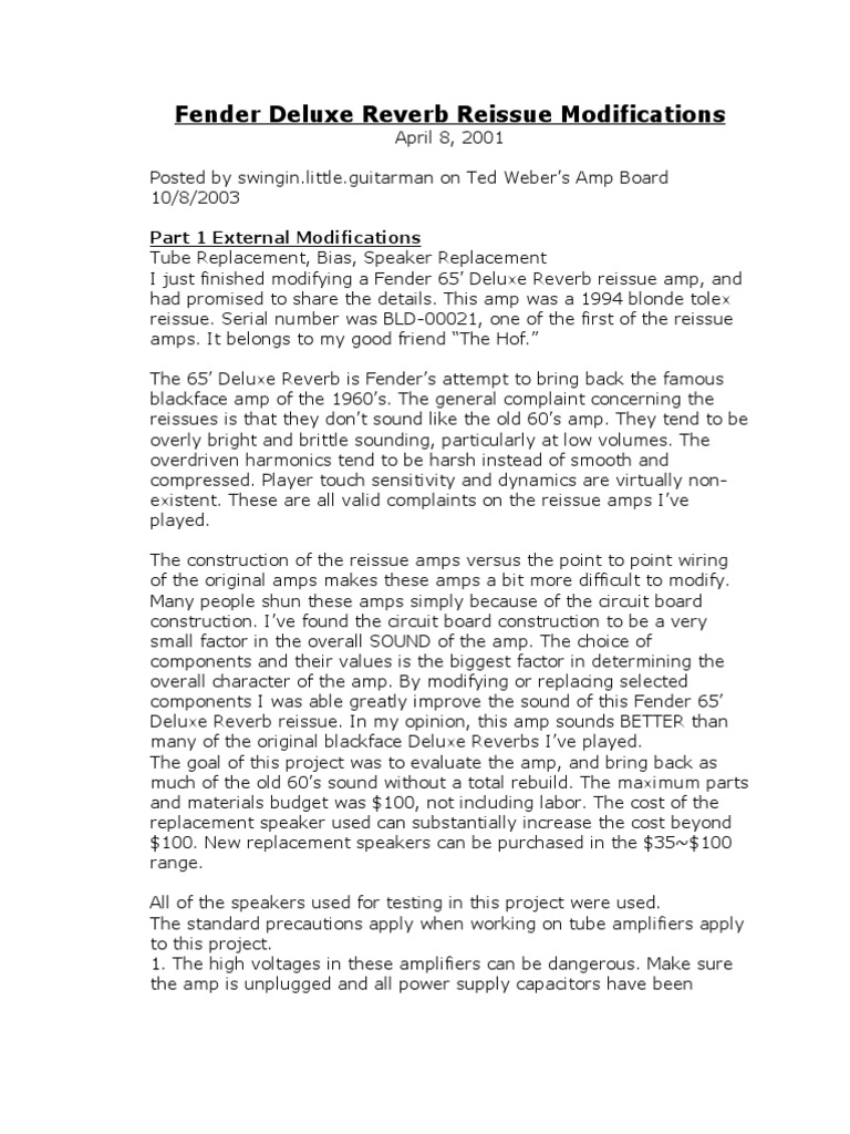 Fender Deluxe Reverb Reissue Modifications | PDF | Vacuum Tube | Amplifier
