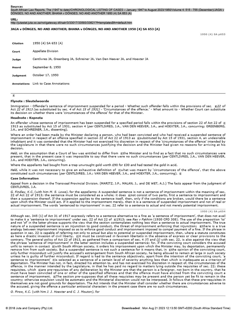 Jaga v Dönges Case Summary 1950 | PDF | Sentence (Law) | Fine (Penalty)