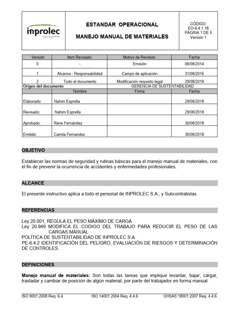 Normas de Manejo Manual de Materiales | PDF