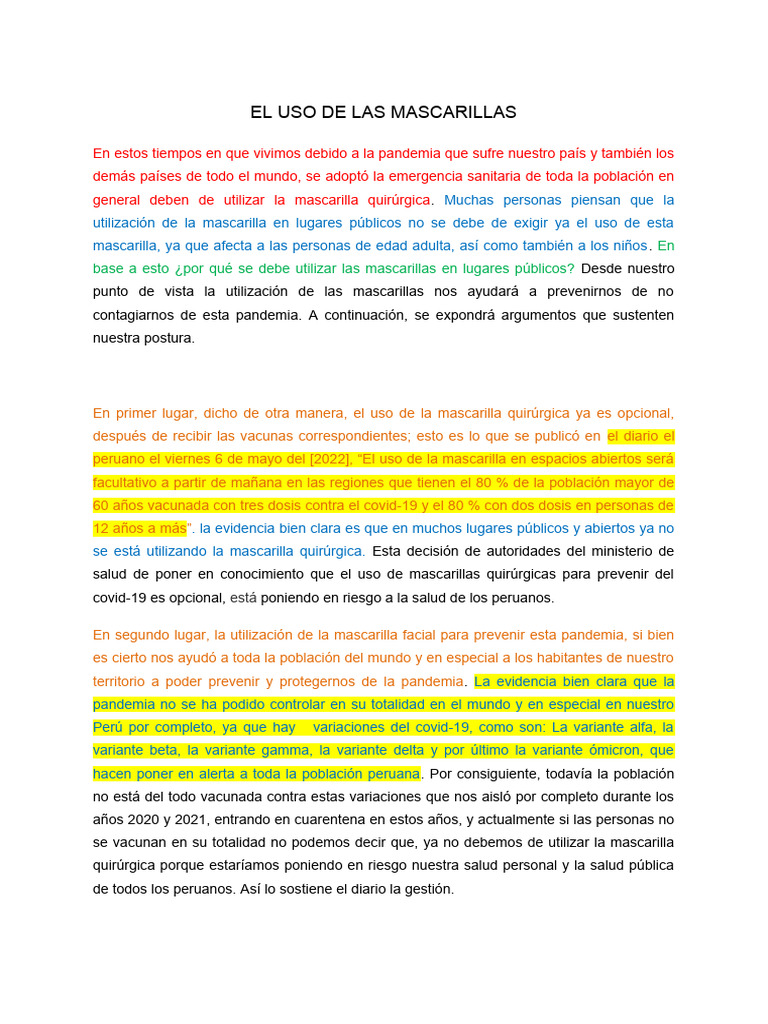 El Uso de Las Mascarillas | PDF | Salud global | Pandemia