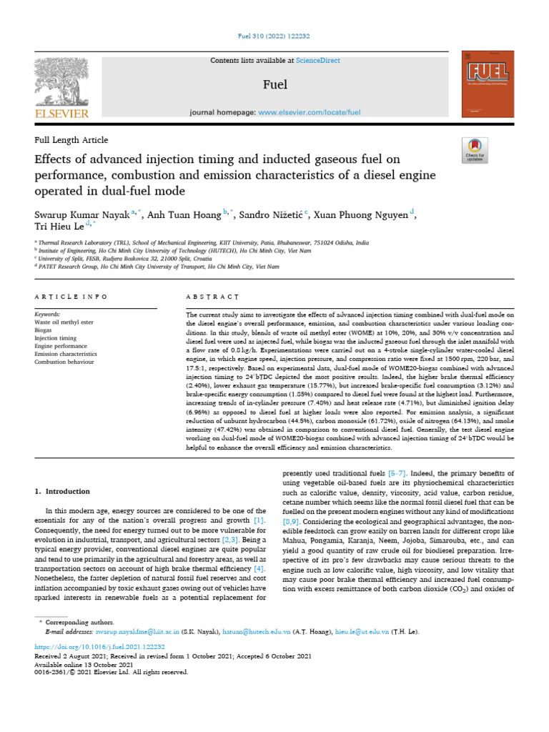 Effects of Advanced Injection Timing and Inducted Gaseous Fuel On Per ...