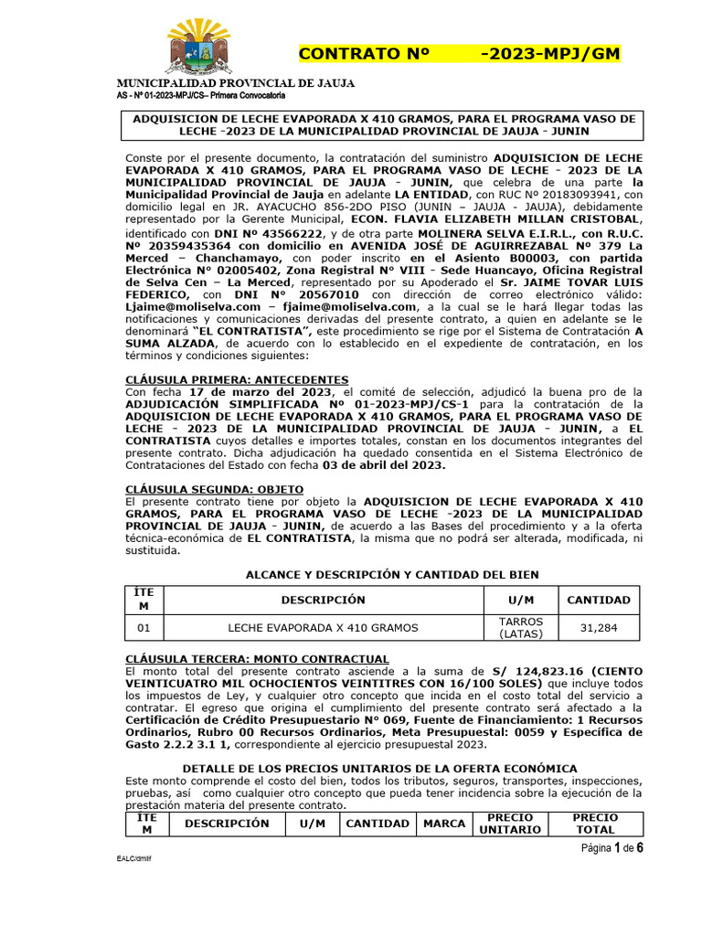 Contrato - As 1 - MPJ - Leche Evaporada | PDF | Arbitraje | Regulación