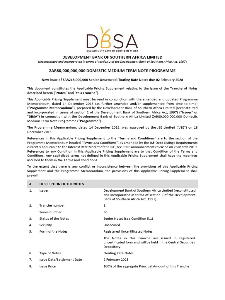 DBSA ZAR218M Floating Rate Notes Details | PDF | Interest | Securities ...