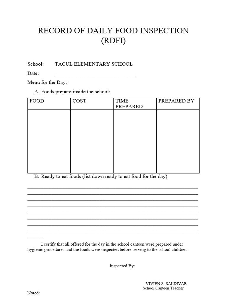 Daily Food Inspection Record | PDF