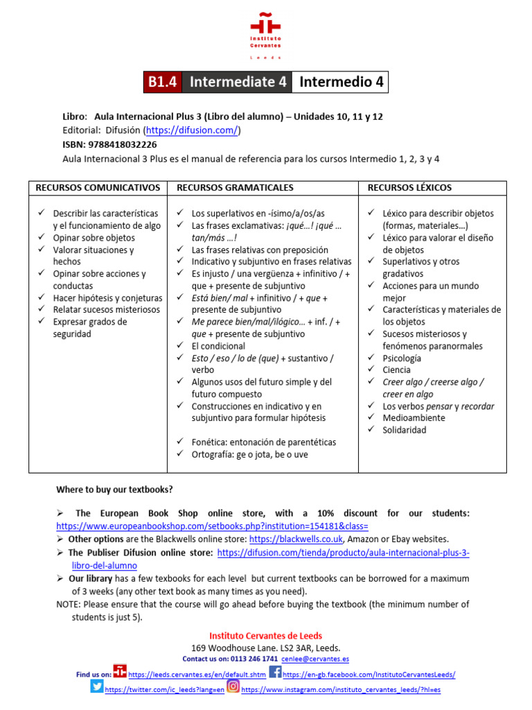 Z - Aula Internacional Plus 3 (Libro Del Alumno) Contents Covered in B1 ...