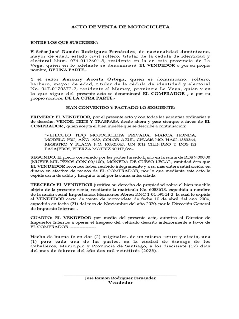 Acto de Venta de Motocicleta Honda 1982 | PDF