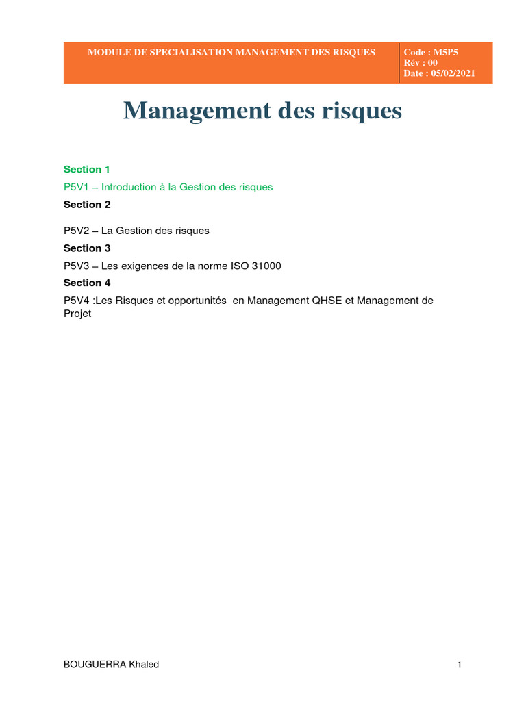 P5V1-Rév 00-Introduction À La Gestion Des Risques | PDF | Risque ...