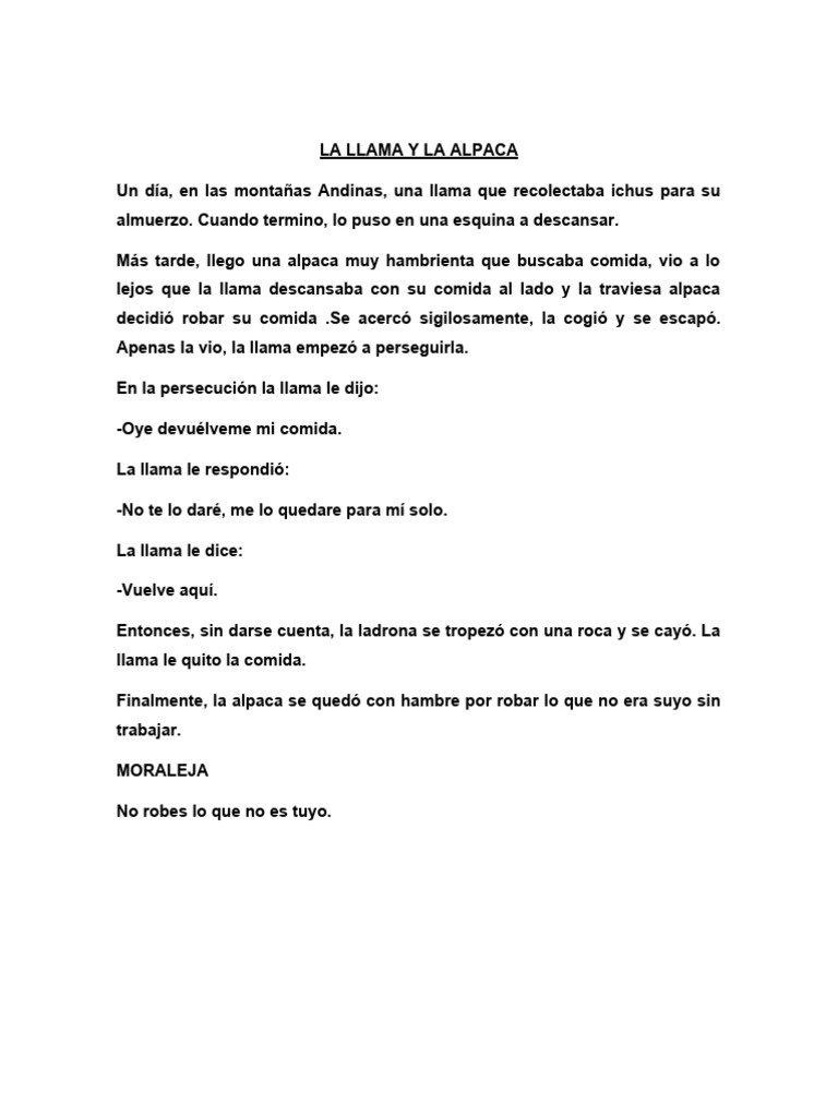 La llama y la alpaca: una lección moral | PDF
