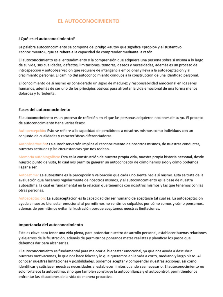 El Autoconocimiento | PDF | Autoestima | Las emociones