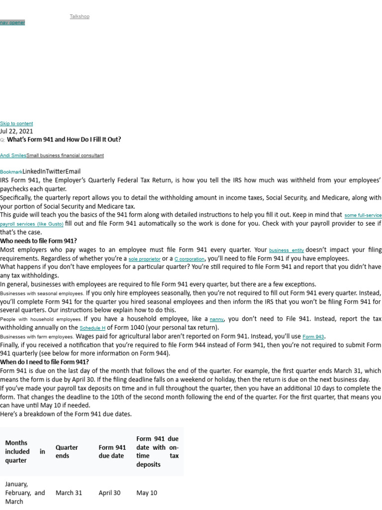 How to Complete IRS Form 941 Guide | PDF | Payroll Tax | Social ...