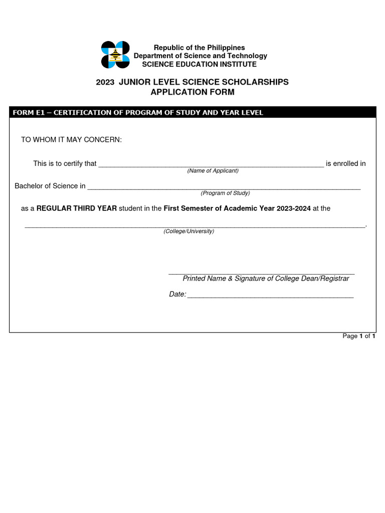 JLSS 2023 Form E1 Certification | PDF | Career & Growth