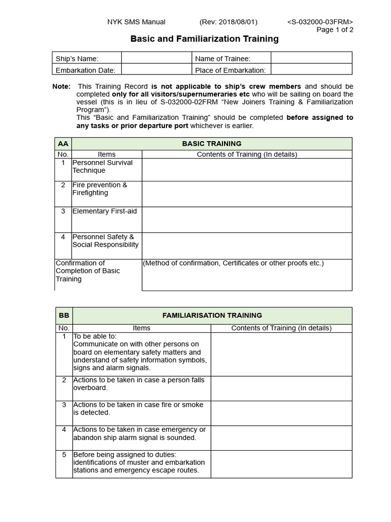 S-032000-03FRM Basic and Familiarisation Training | PDF | Water ...