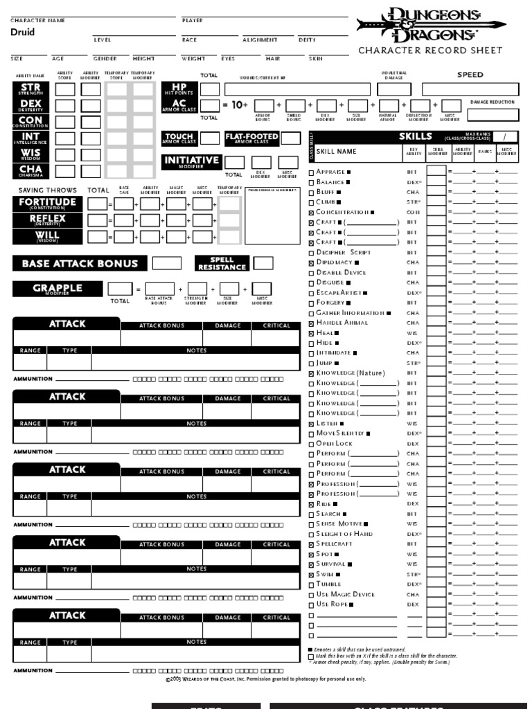Character Sheet - Druid v3.5 | Leisure Activities | Dungeons &amp; Dragons