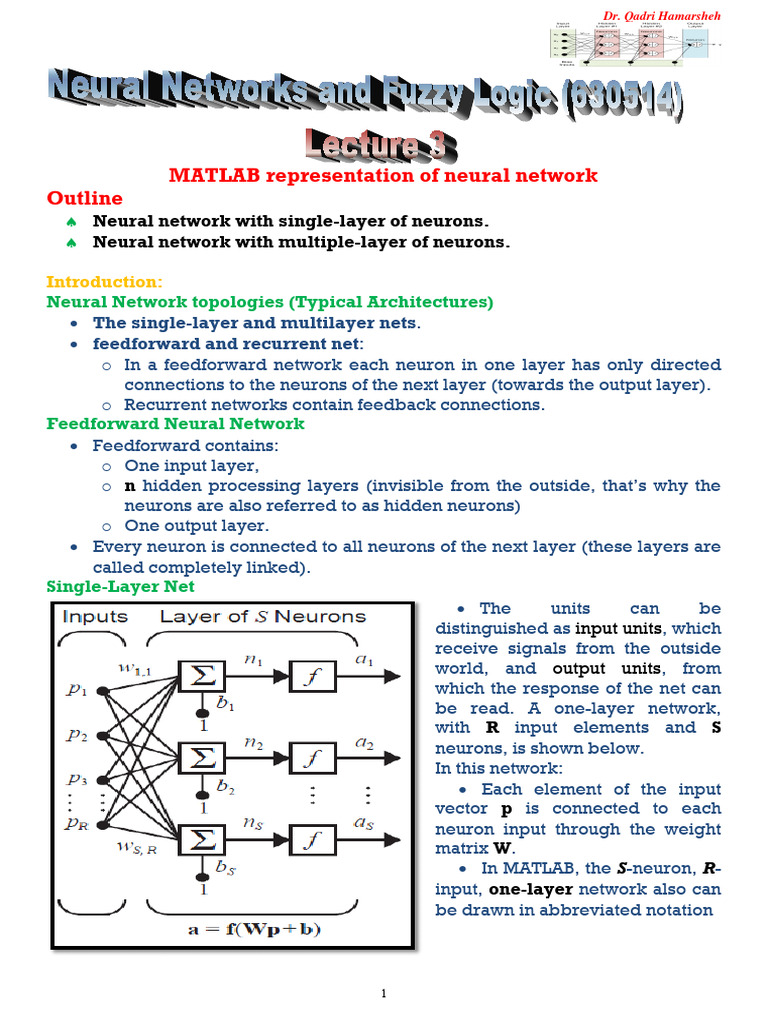 Lecture 3 - MATLAB Representation of Neural Network | PDF | Artificial ...