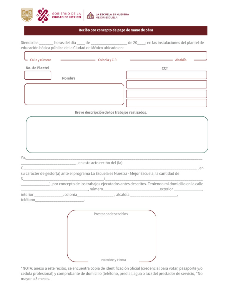 11 Recibo Por Concepto de Pago de Mano de Obra 2024 | PDF | México