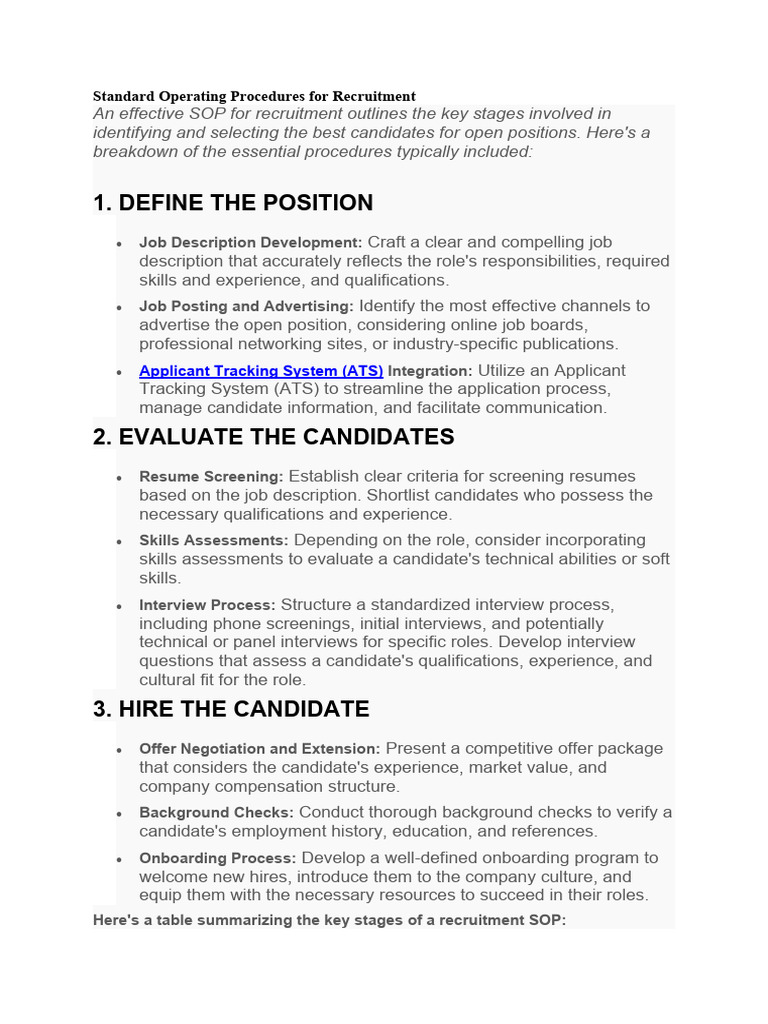 Standard Operating Procedures For Recruitment | PDF | Recruitment 