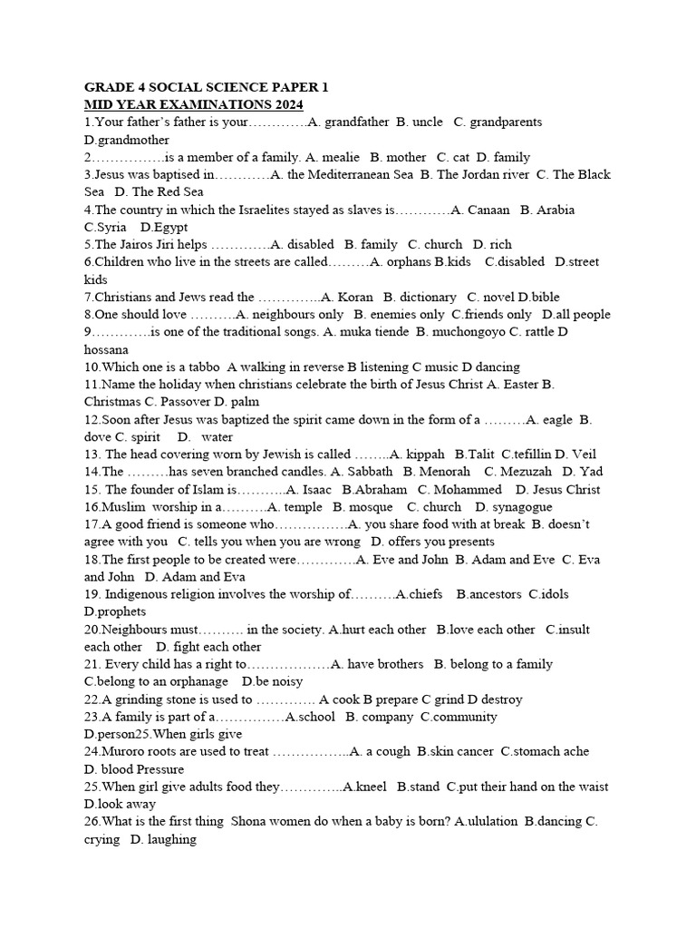 Grade 4 Social Science Mid-Year Exam | PDF