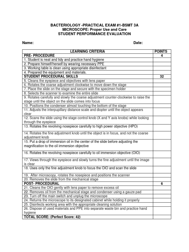 BACTERIOLOGY PRACTICAL EXAM 1MicroscopeBSMT 3A PDF Microscope
