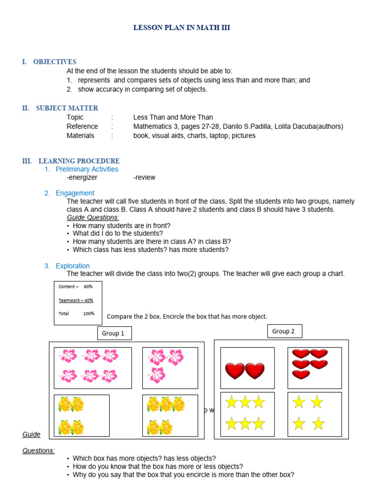 Math III Lesson Plan: Comparing Sets | PDF | Lesson Plan | Cognitive ...