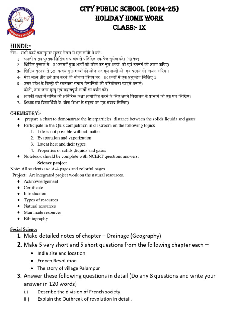 Class 9 Holiday Homework Guide | PDF | Cell (Biology)