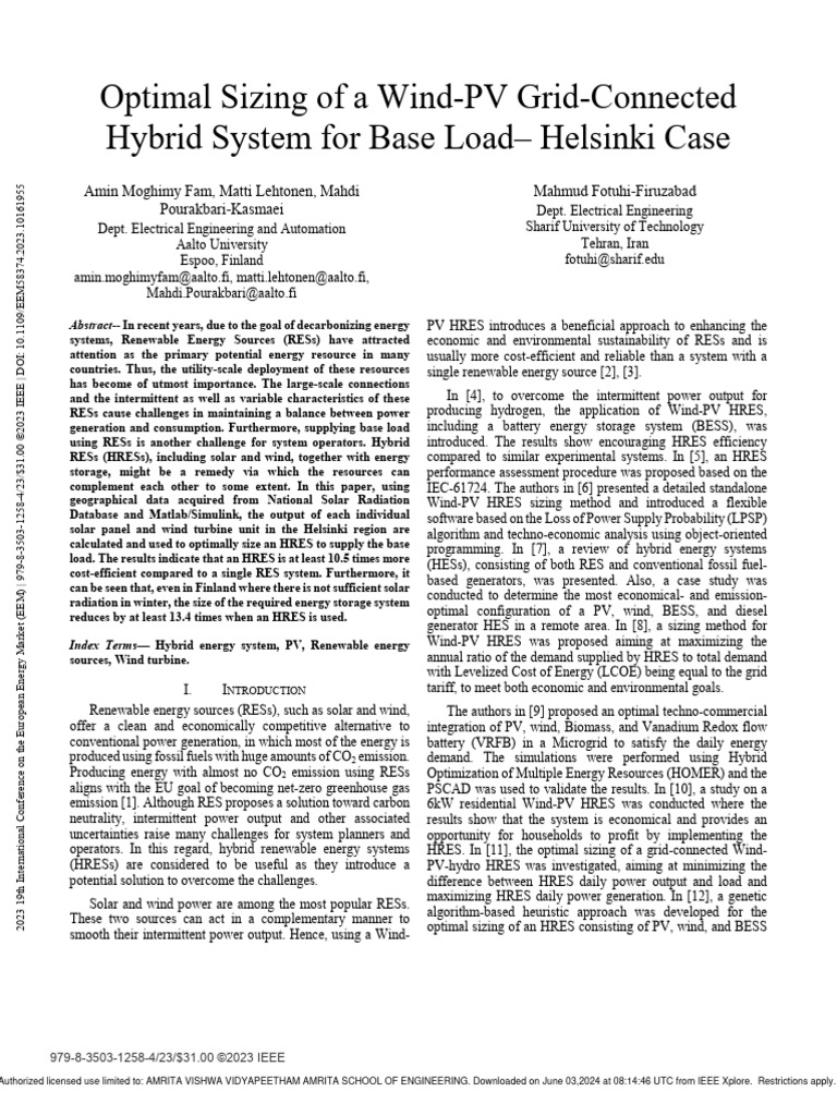 Optimal Sizing of A Wind-PV Grid-Connected Hybrid System For Base Load ...