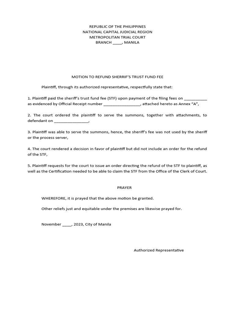 Motion for Sheriff’s Fee Refund | PDF | Law